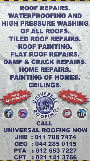 𝐉𝐇𝐁 & 𝐏𝐓𝐀 𝐏𝐫𝐨𝐩𝐞𝐫𝐭𝐲 𝐎𝐰𝐧𝐞𝐫𝐬! 𝐑𝐞𝐪𝐮𝐞𝐬𝐭 𝐲𝐨𝐮𝐫 𝐟𝐫𝐞𝐞 𝐫𝐨𝐨𝐟 𝐢𝐧𝐬𝐩𝐞𝐜𝐭𝐢𝐨𝐧 & 𝐜𝐨𝐧𝐬𝐮𝐥𝐭𝐚𝐭𝐢𝐨𝐧 𝐭𝐨𝐝𝐚𝐲. Universal Roofing is your local roofing specialist with over 30 years of trusted service! We handle it all — from roof repairs and leak fixing, to waterproofing, guttering, skylights, ceiling & painting, and roof reports for insurers and banks The rains are coming. Is your roof ready? Fix leaks now before they cause serious damage. ✅ All Roof Types 