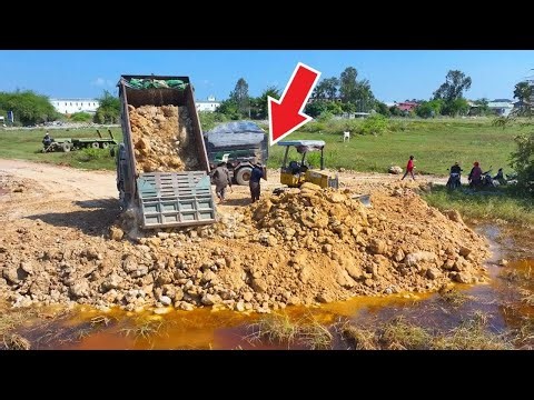 Super Bulldozer Clears Area, Fills Water Zone with Dump Truck Assistance
