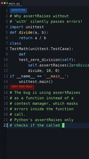 Your Python Is Too Slow: Why assertRaises without 'with' silently passes errors!