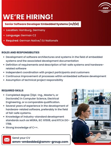 Exciting opportunity! We’re looking for a Senior Software Developer Embedded Systems (m/f/d) to join one of our clients based in Germany Position: Senior Software Developer Embedded Systems (m/f/d) Location: Hamburg, Germany Language: German C2 Required: German Native/ EU Nationals Share your CV at amm-embedded@amm-group.com 👉 Explore all our job openings: amm-group.com/careers #SeniorSoftwareDeveloper #EmbeddedSystems #EmbeddedSoftware #CPlusPlusDeveloper #HardwareSoftwareIntegration #Function