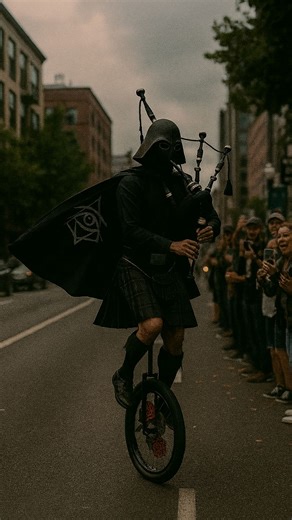 🌹 This unfolds in Portland. 🌹 🦄 In essence: A truly unique Portland street performance is captured as Brian Kidd, famously known as "The Unipiper," rides a unicycle while playing the bagpipes. [7, 15] Embodying the city's "Keep Portland Weird" slogan, he's dressed in a Darth Vader helmet, a flowing black cape, and a kilt, much to the delight of cheering onlookers. [3, 12, 16] As he skillfully balances and plays, he's followed by people in whimsical costumes, including a bunny and an inflatabl