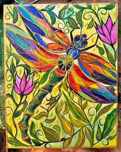 Dragonfly, Stained Glass Effect Original on Canvas - Etsy