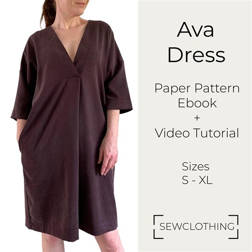 Pleated Tunic Dress Sewing Pattern, V-Neck, Easy To Sew (PRINTED PAPER PATTERN)