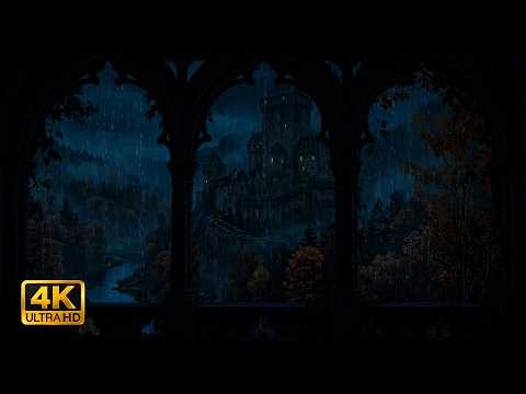 4K Rainy Window View of a Castle 🌧️🍂 Autumn Ambience with Calm Thunder & Rain Sounds for Deep Sleep