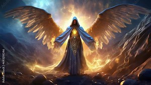 The Metatron. Ancient Archangel with large wings and flaming energy in hands. Male Angel with large wings and mystical glows. 2d hand animation + 3d fx of AI Generated Image