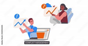 Team management. Moving banner with office employees discuss business project and manage conflict in online meeting or video conference. Problem solving. Cartoon style graphic animated video clip