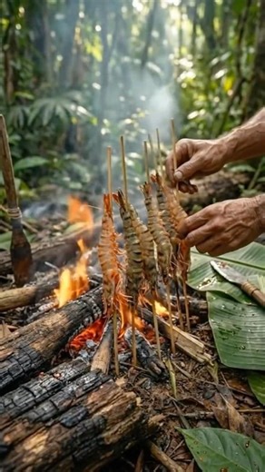 Gaint Grilled prawn with wild chili powder🔥#outdoorcooking #shorts #forestlife #asmrcooking