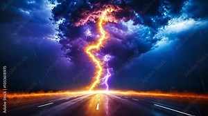 Dramatic lightning storm over highway capturing intense weather phenomenon