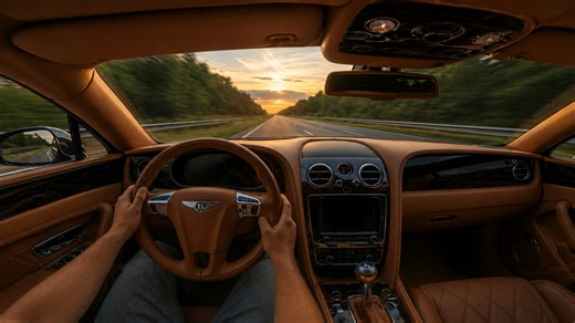Bentley Flying Spur V8 at speed while chasing the sunset