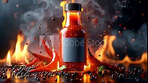 Peppercorns exploding around hot sauce bottle