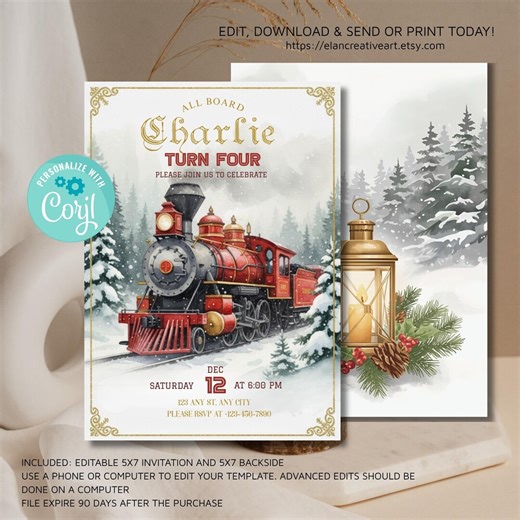 Train Birthday Invitation: Winter Party, Editable Template (corjl) - Etsy