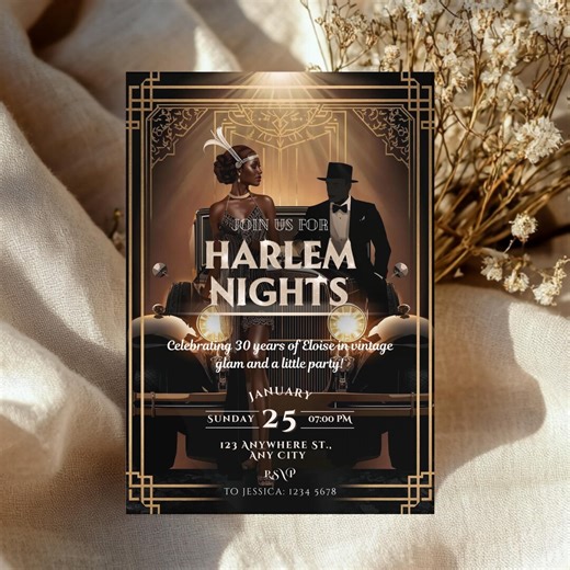 Harlem Nights Birthday Invitation Template, Roaring 20s, Great Gatsby 1920s Birthday Invite, Editable Canva Vintage Glam Invite - Etsy