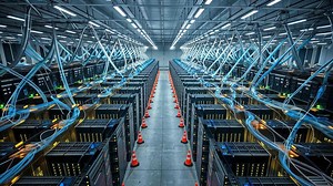 Inside a Massive Data Center Showing Rows of Servers and Cables