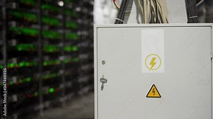 Large electrical shield with switchboard and automatic breakers powers large wired internet datacenter storage server room. Cryptocurrency mining equipment farm. ASIC miners supercomputer lights.