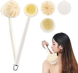 INOVER 3-in-1 Long Handle Bath Brush Set – Back Scrubber, Shower Brush & Loofah Sponge, Exfoliating Body Brush with Non-Slip Handle for Wet or Dry Use