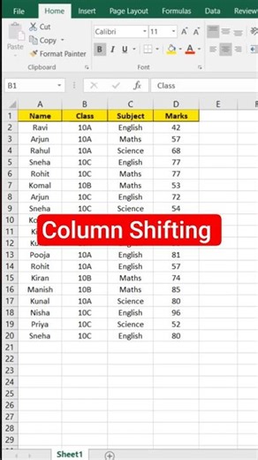 Column को shift कैसे करें #excel #shorts