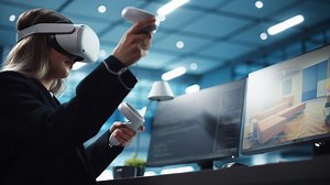 Interior Designer Using a Virtual Reality 3D Software to Work on Home Design and Furniture in Interactive Environment in Agency Office. Female Designer Using Headset and Controllers.