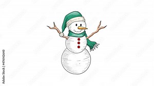 4K Vintage engraving style hand draw animated snowman with rotation effect Holiday Christmas and new Year Concept Empty design template. Snow man animation Isolated on white background Animated Vector