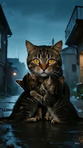 Mama cat and kittens are scared because of the lightning