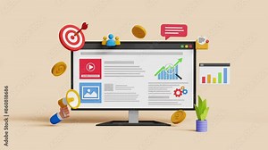 Digital marketing or advertising, data analysis concept. 3d computer with social network and media communication. 4k 3d loop animation