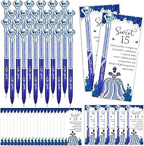 Sayglossy 50 Sets Quinceanera Party Favors Sweet 15th Thank You Gifts Diamond Pens with Thank You Cards Retractable Ballpoint Bling Pens 15 Birthday Gifts for Guests (Navy Blue)