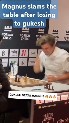 Magnus slams the table after losing to gukesh in round 6 of norway chess#chess#magnus#gukesh#carlsen