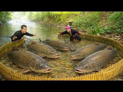 Dwarf Family Survival: Building a Primitive Fish Trap for 48 Hours Stream Fishing