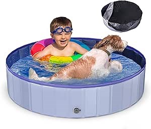 Foldable Dog Pool with Pool Cover, 48” Portable Dog Pet Pool Bathing Tub Kiddie Pool, Indoor & Outdoor Leakproof Swimming Pool for Dogs Cats & Kids
