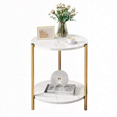 Double-Tier Round Side Table, Dual-Use Metal Reinforced Table For Bedroom/Living Room/Patio | SHEIN