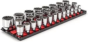 TEKTON 1/2 Inch Drive Shallow 12-Point Socket Set with Rails and Tray, 29-Piece (10-38 mm) | SHD92128