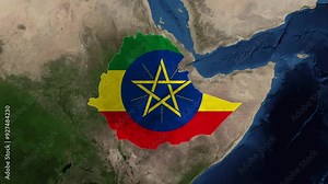 Zoom from Earth to Ethiopia. (Country Flag) World map province animation with highlighted borders of countries. Images from NASA