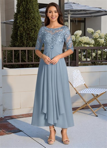 Lace Mother of the Bride Dress - A-line V-neck Pleated Chiffon Lace Midi Gown - Etsy