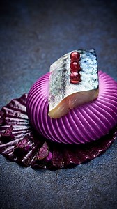 Timo Müller on Instagram: "Geflämmte Makrele 🐟 Rote Bete Mousse, Creme, Perlen & Chip / Meerrettich / Shiso Purple / Granatapfel / Griechischer Joghurt 📸@foodphotographer.a.reimann #flamed #mackerel #foodreels #platinggoals #foodphotography"