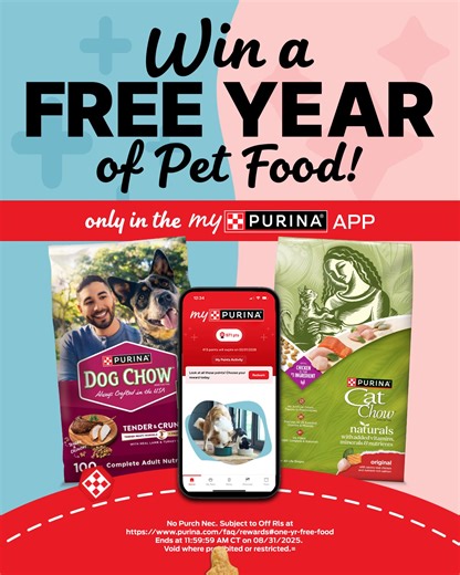 751 reactions · 95 comments | FREE pet food for a year? Yes, really! Enter for a chance to win Dog Chow or Cat Chow for a year, only in the myPurina app. | Purina | Facebook