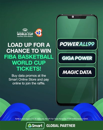 Get a chance to win a pair of FIBA Tickets when you buy prepaid promos at the Smart Online Store 👉🏽 smrt.ph/promos-fiba Promo exclusive to credit/debit transactions only. Learn more at smrt.ph/olsfibaraffle #SmartFIBA | Smart Communications, Inc.