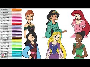 Disney Princess Coloring Book Compilation Mulan Rapunzel Ariel Tiana Jasmine Anna Snow White
