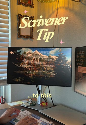 Writers ask, writers shall receive. Add a bit of whimsy to your writing session with this Scrivener tip✨✍️ Move your Scrivener window over an expanded YouTube video, open composition mode, and fade the background for the best immersive writing session. Share this Scrivener tip and drop your own in the comments! #scrivener #writingabook #writertok #writingtips #writersoftiktok