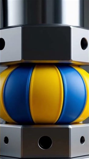 Hydraulic Press Crushes Blue-Yellow Rubber Ball