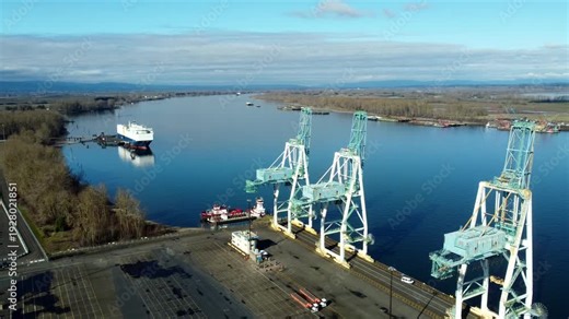 US, Oregon, Portland, 2026-02-15 - Drone view of a container cranes at the dock on the Columbia River at the Port of Portland Terminal 6, in Winter