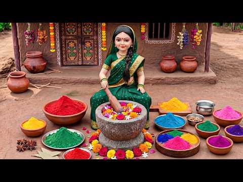 Miniature Doll Handmade Color Powder & Malpua Cooking ASMR 🎨🥞 | Indian Village Tiny Kitchen Story 🏺✨