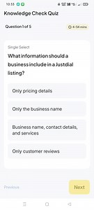 What information should a business include in a Justdial listin... | Filo
