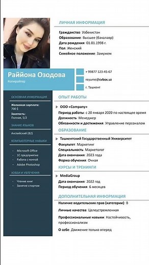 REZYUME NAMUNA CVBOXUZ! ШАБЛОН РЕЗЮМЕ! #rezyume#motivatsiya #ish#cv