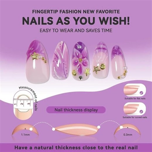 3D Purple Flower Almond Press On Nails – Lavender French Tip Floral Fake Nails
