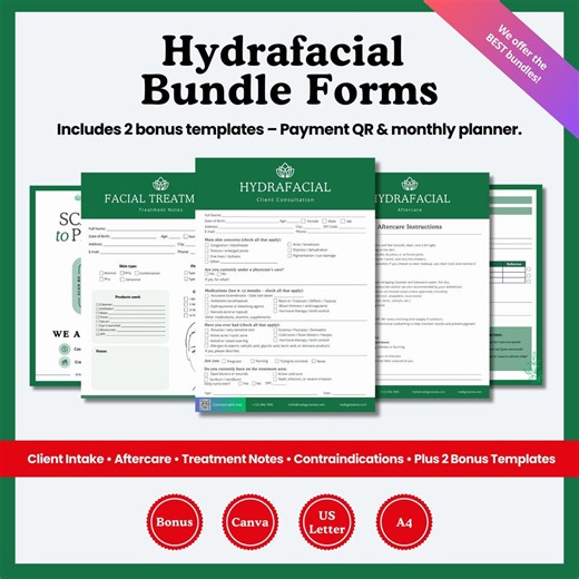 Hydrafacial Forms Bundle | Facial Client Intake, Consent, Aftercare & Treatment Notes | Editable Canva Templates for Estheticians | - Etsy