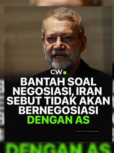 Iran secara tegas menyatakan bahwa pihaknya tidak akan bernegosiasi dengan Amerika Serikat, ujar pejabat keamanan nasional terkemuka Iran, Ali Larijani. Menurut sumber dari Bloomberg Terminal, pernyataan tersebut muncul sebagai respons langsung terhadap laporan di media internasional bahwa Iran telah mencoba membuka kembali dialog dengan Washington melalui mediasi Oman. Larijani, yang menjabat sebagai Sekretaris Dewan Keamanan Nasional Tertinggi Iran dan memainkan peran sentral dalam kebijakan l