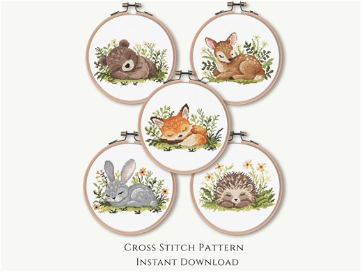 Woodland Animal Nursery Cross Stitch Pattern Set | Cute Sleeping Forest Animal | Instant Download PDF - Etsy
