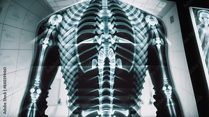 X-ray of a human body revealing skeletal and internal organ details