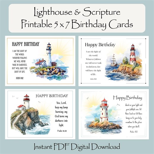Lighthouse Scripture Birthday Cards: Christian Printable Set (PDF Download - Etsy