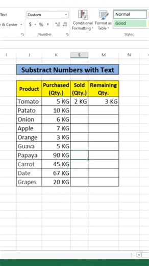 Subtract number with text using excel😊😊 #excel #exceltips #computereducation #subtraction