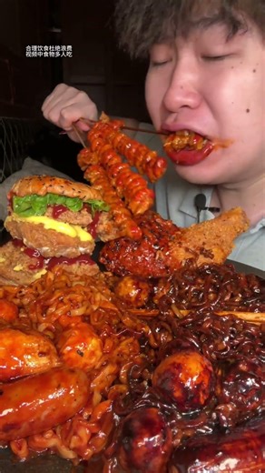 EATING SPICY DINNER : Ghost pepper noodles with KFC burger ,meat balls, skewers and many more